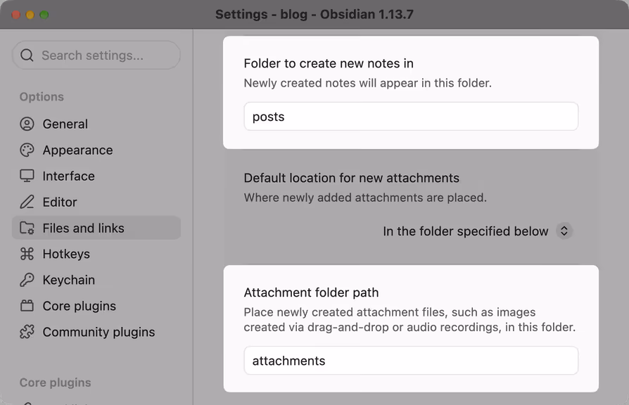 Obsidian 可以设置默认的新文档所属文件夹和附件所属文件夹，自动化文件的放置